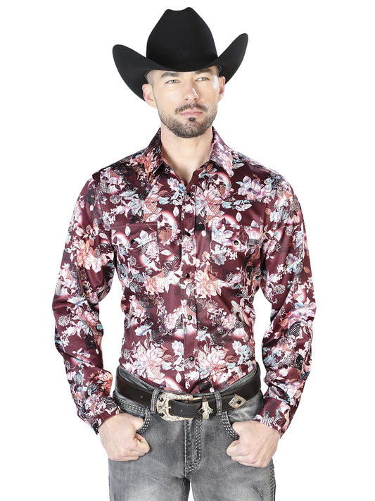 Wine And Beige Flower Print Casual Long Sleeve Shirt 43936