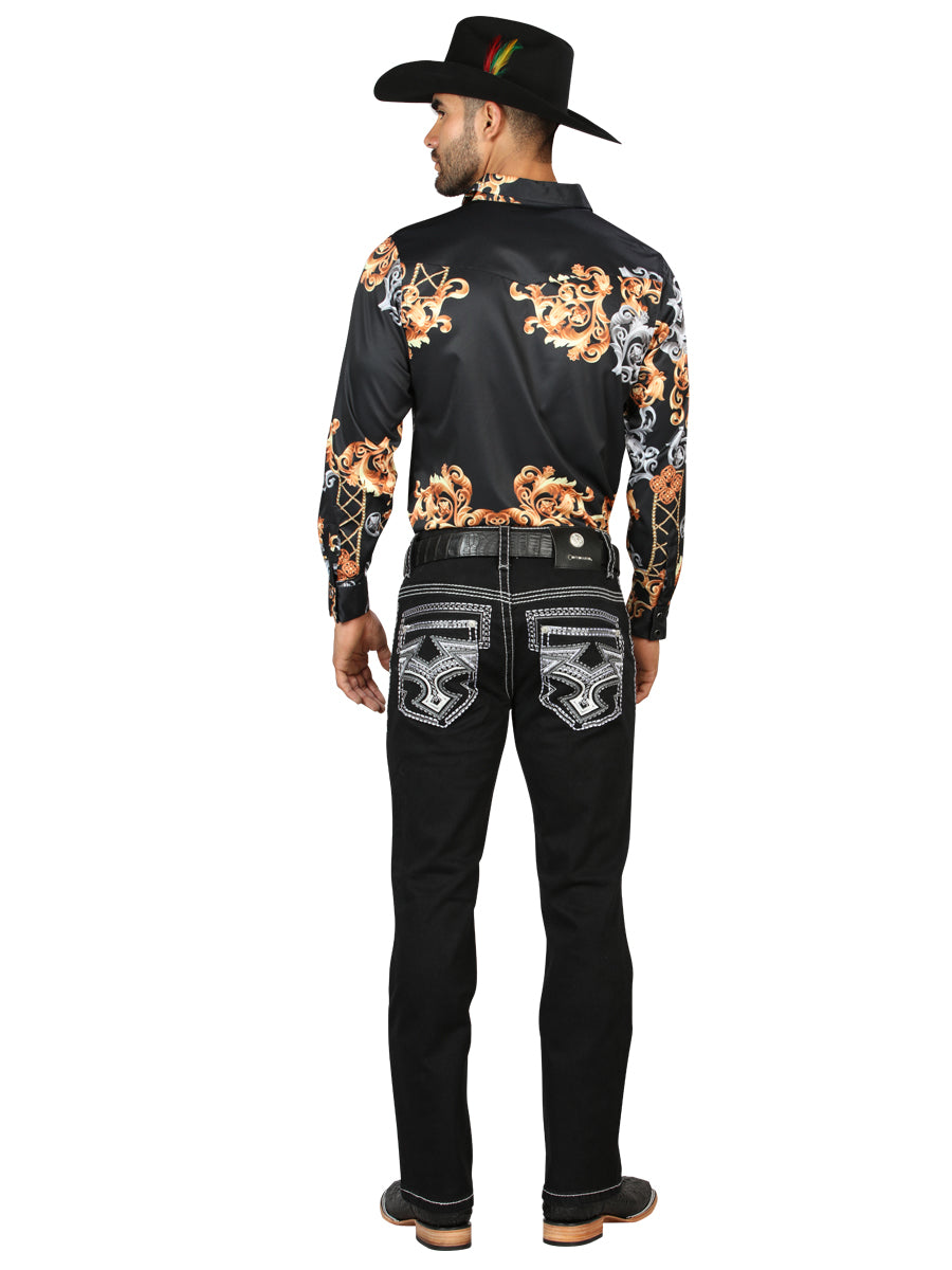 Centenario Men's Black Denim with White/Gray Embroidered Details 45310