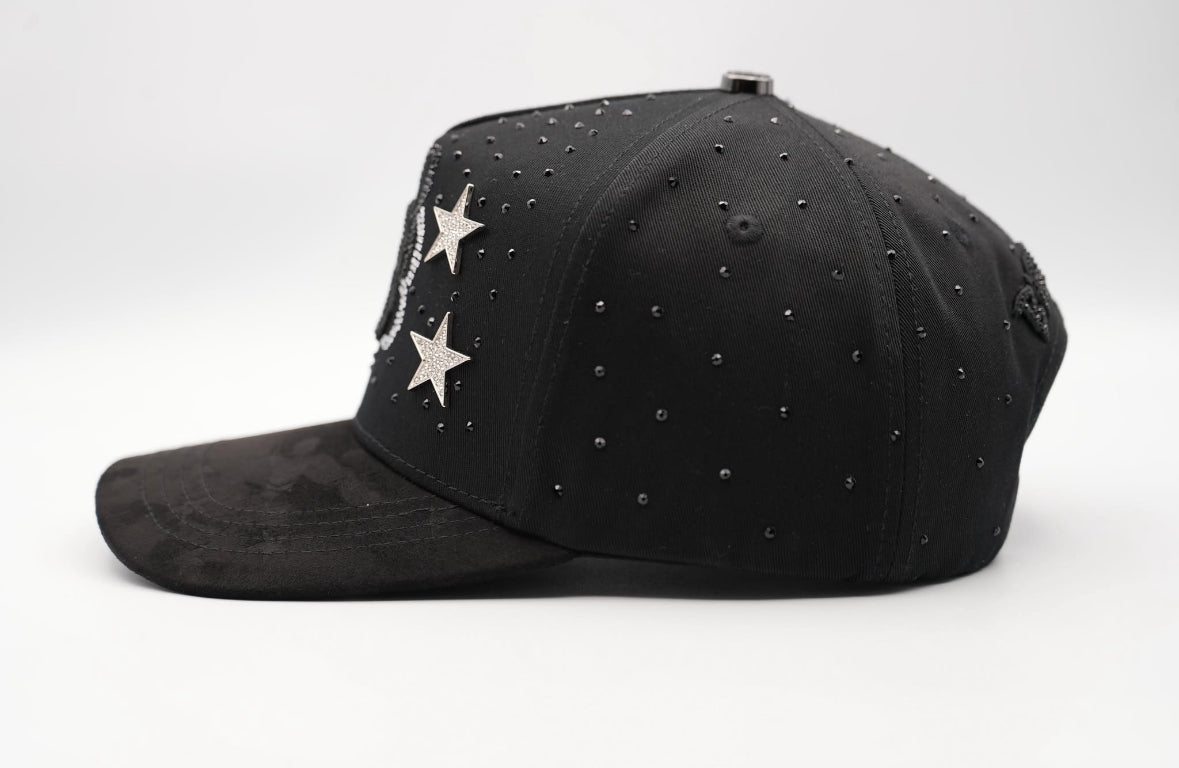 Sheep Logo Black Snapback Unisex Hat with Star Embellishments and Unique Design